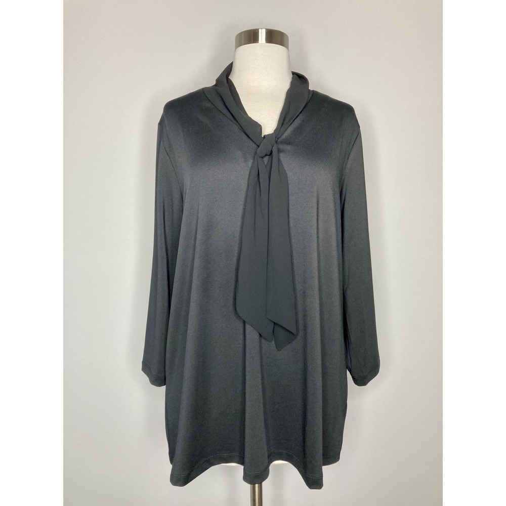 Susan Graver Top Women XL Black Blouse‎ 3/4 Sleeve Neck Bow Tie V-Neck